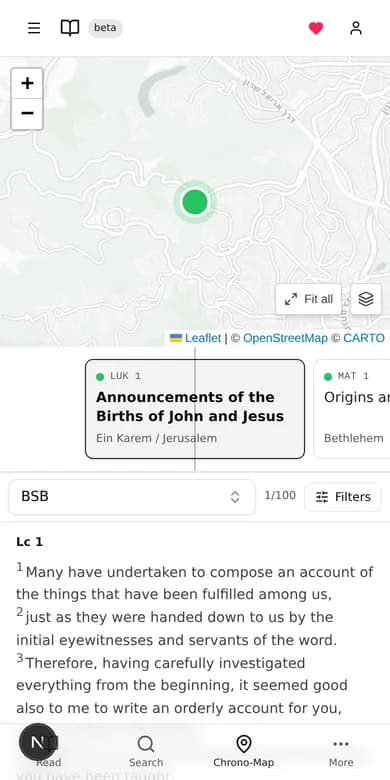 The Chrono-Map on a phone: timeline, biblical text and map stacked vertically.