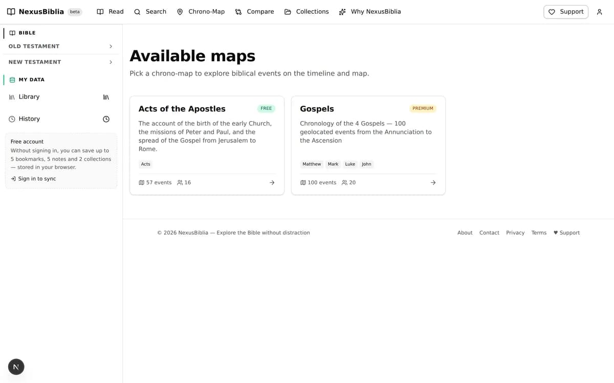 The Chrono-Map journey picker, showing the Gospels and Acts of the Apostles cards.