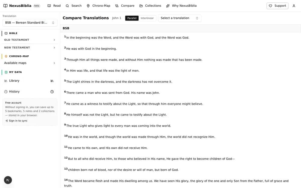 The comparison view: several translations shown in parallel columns, verse by verse.