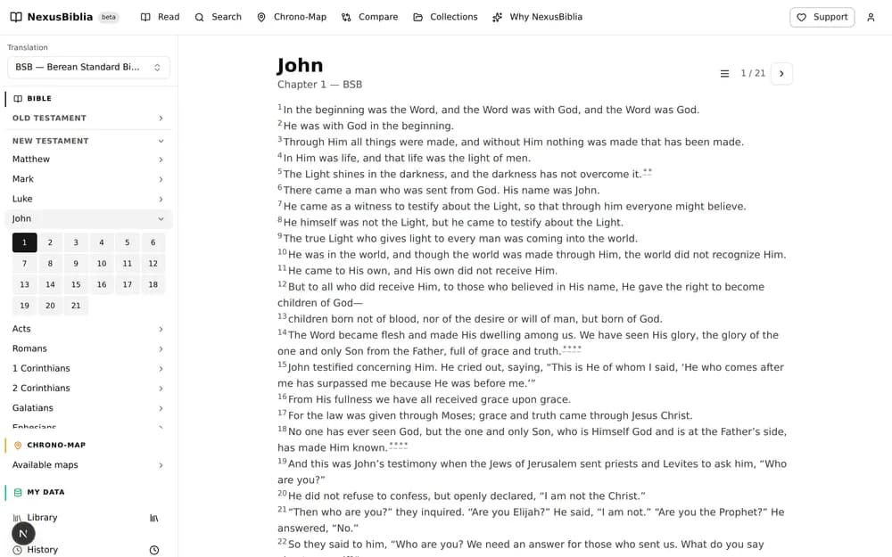 The reading view: the book index on the left, the text of John 1 in the centre.