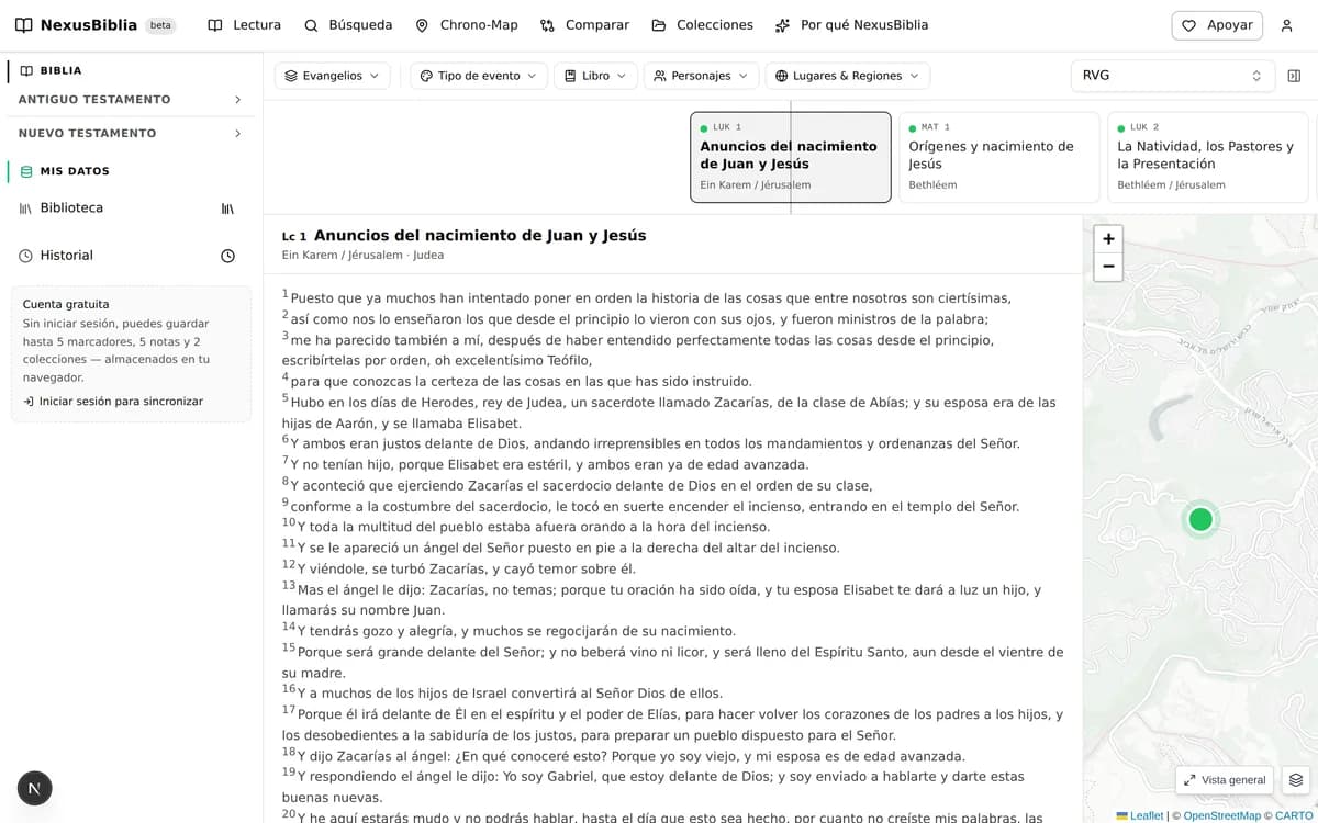 El Chrono-Map abierto en el recorrido Evangelios: la línea de tiempo arriba, el texto de Lucas 1 a la izquierda, el mapa de Jerusalén a la derecha.