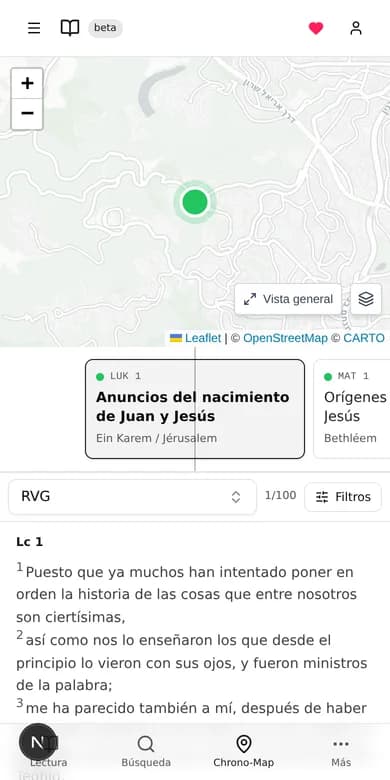 El Chrono-Map en el móvil: línea de tiempo, texto bíblico y mapa apilados verticalmente.