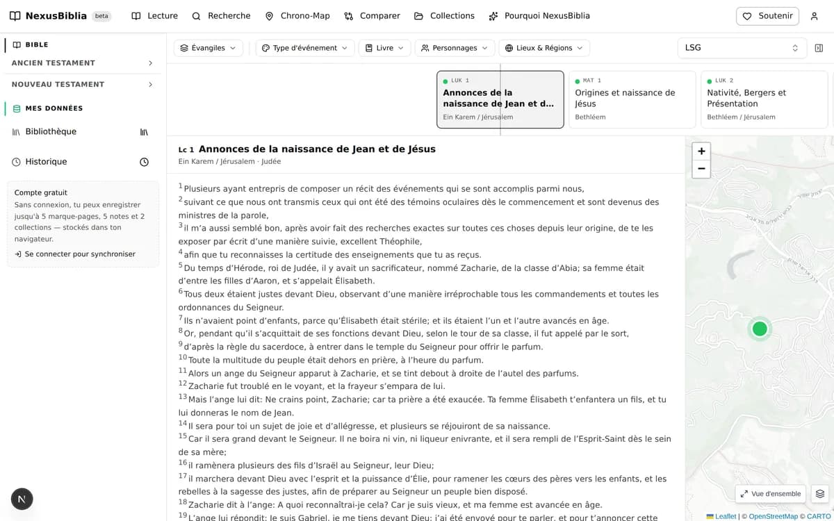 La Chrono-Map ouverte sur le parcours Évangiles : la frise des événements en haut, le texte de Luc 1 à gauche, la carte de Jérusalem à droite.