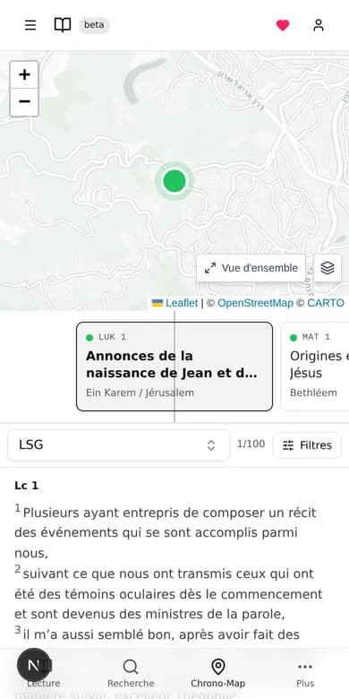 La Chrono-Map sur téléphone : la frise, le texte biblique et la carte empilés verticalement.
