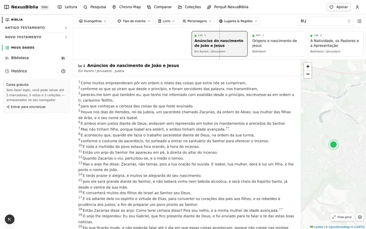 O Chrono-Map aberto no percurso Evangelhos: a linha do tempo em cima, o texto de Lucas 1 à esquerda, o mapa de Jerusalém à direita.