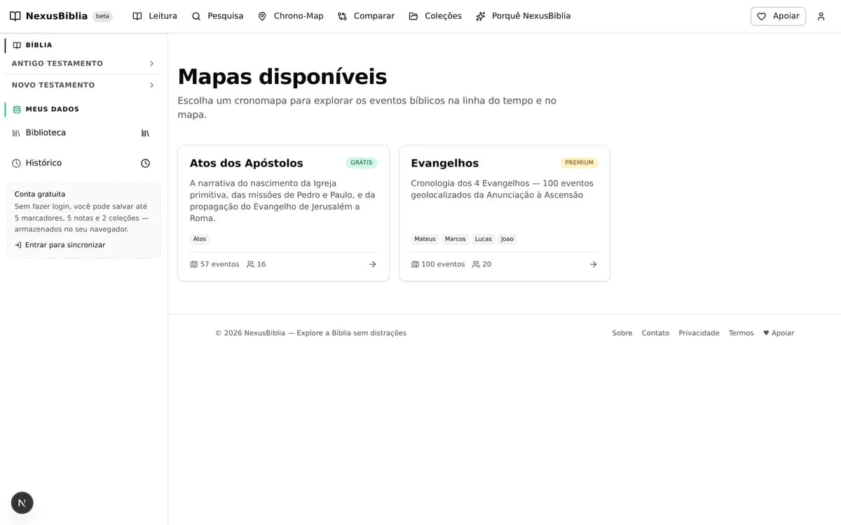 A tela de escolha dos percursos do Chrono-Map, com os cartões Evangelhos e Atos dos Apóstolos.