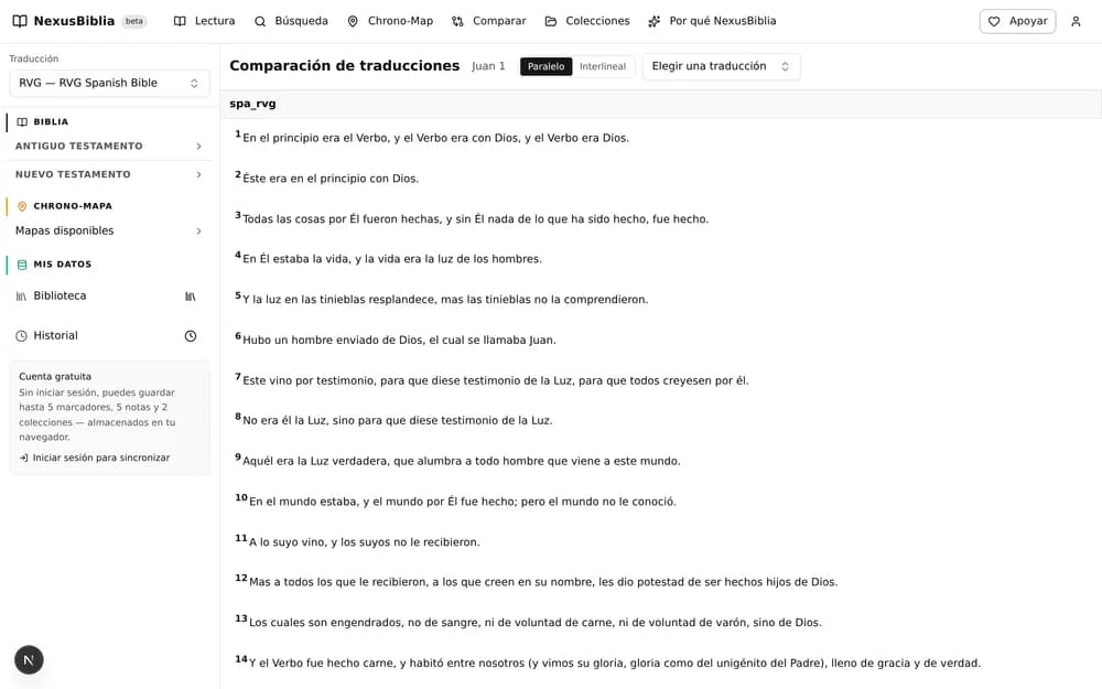 La vista de comparación: varias traducciones en columnas paralelas, versículo a versículo.