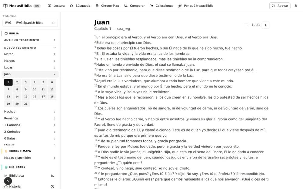 La vista de lectura: el índice de libros a la izquierda, el texto de Juan 1 en el centro.