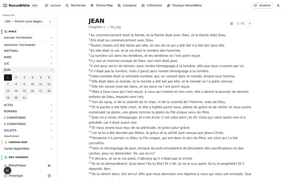 La vue de lecture : le sommaire des livres à gauche, le texte de Jean 1 au centre.