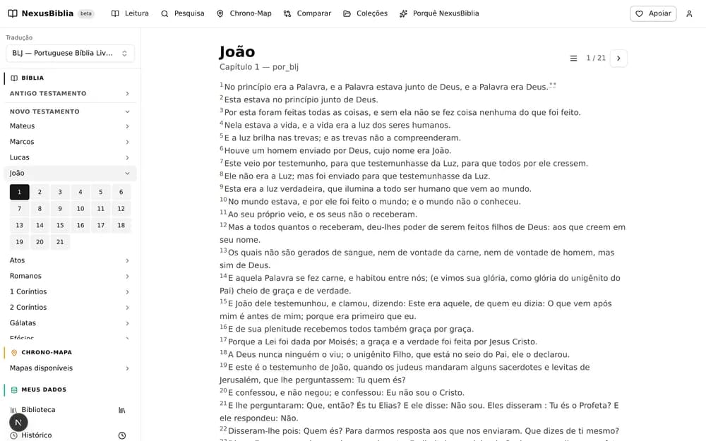 A vista de leitura: o índice dos livros à esquerda, o texto de João 1 ao centro.